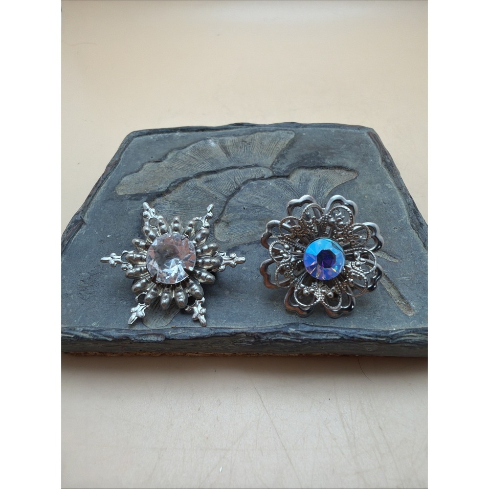 Two Small Petite Sparkly Silver Tone Brooches Pins 3d Flower And A Snowflake
